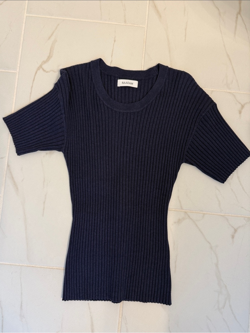 NAADAM Navy Ribbed Short Sleeve Top